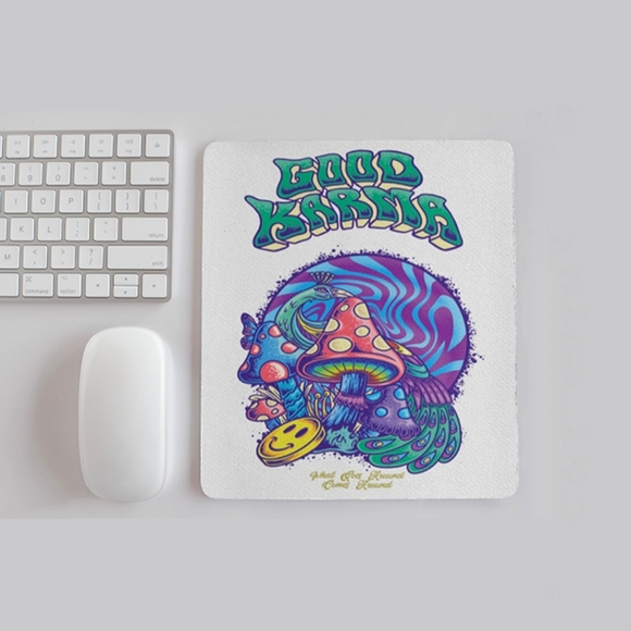 Good Karma Trippy Psychedelic Mushroom & Peacock Mousepad - Picture 2 of 2